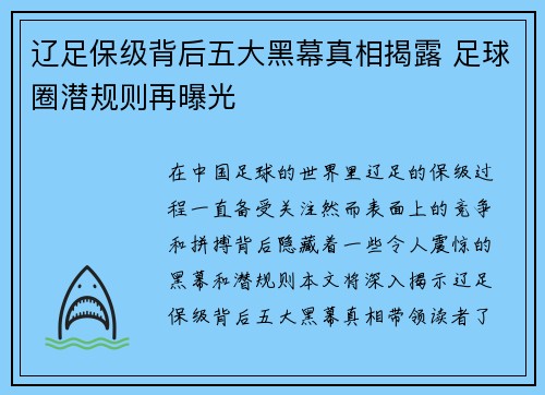 辽足保级背后五大黑幕真相揭露 足球圈潜规则再曝光